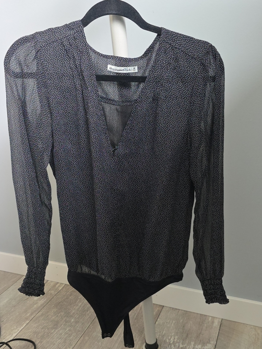 Abercrombie & Fitch Black Sheer Dot-Print V-Neck Bodysuit